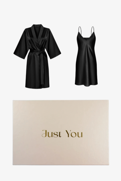 Zestaw - jedwabna koszulka nocna i krótki szlafrok czarny