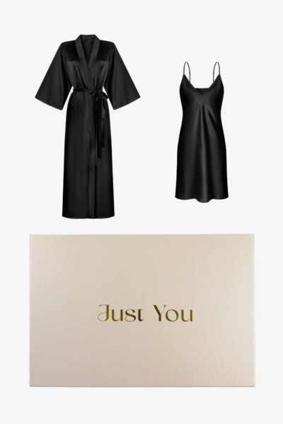 Zestaw - jedwabna koszulka nocna i długi szlafrok czarny