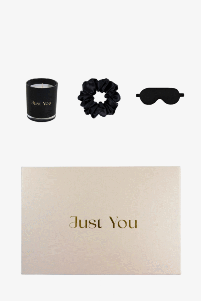 Zestaw Selfcare czarny - jedwabna opaska, gumka do włosów i świeca