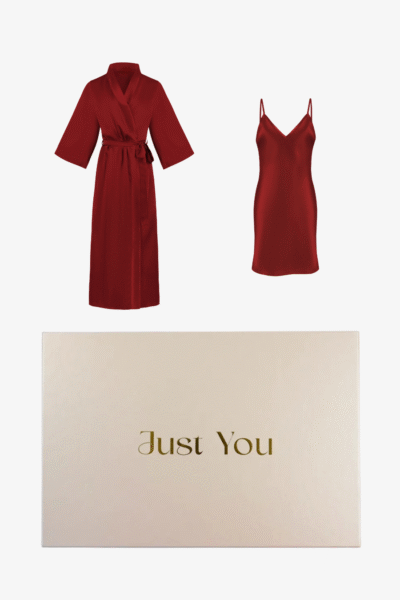 Zestaw - jedwabna koszulka nocna i długi szlafrok bordowy