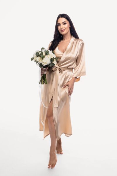 Zestaw Silk Empress Duo Long - jedwabna koszulka nocna i długi szlafrok w kolorze szampańskim Empress