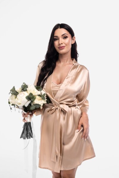 Zestaw Silk Empress Duo Short - jedwabna koszulka nocna i krótki szlafrok w kolorze szampańskim Empress
